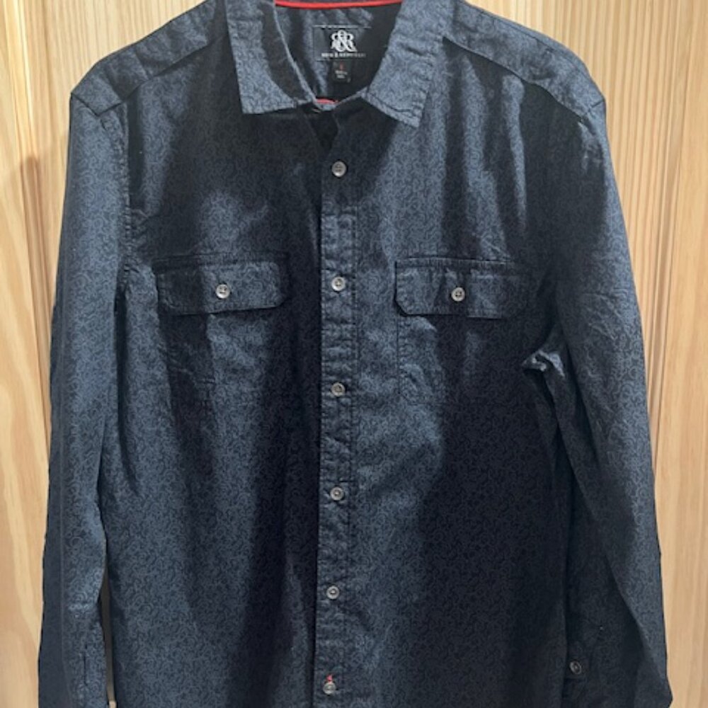 Rock & Republic men's stretch long-sleeve button-down shirt skull vine Size L